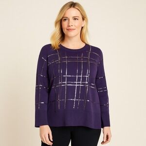 Chicos Purple Plaid Sequin Sweater SIZE 1 Long Sleeve Crew Neck Women's Size 1 M